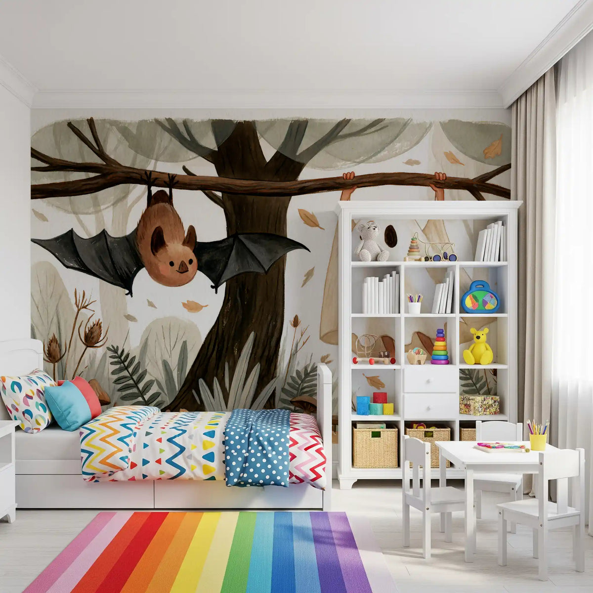Little Ghost and Bat in Scandinavian Woodland Wall Mural