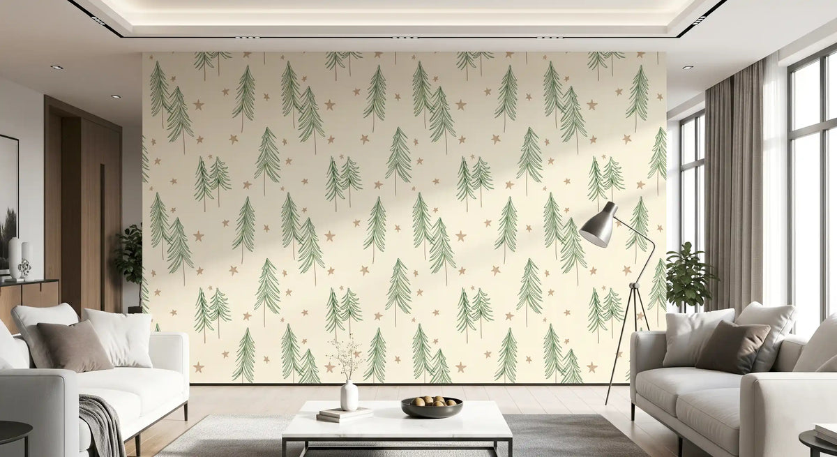 Padrão de inverno com pinheiros e estrelas da floresta - Papel de parede verde gengibre