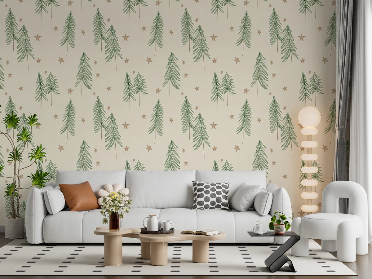 Padrão de inverno com pinheiros e estrelas da floresta - Papel de parede verde gengibre