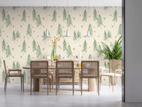 Padrão de inverno com pinheiros e estrelas da floresta - Papel de parede verde gengibre