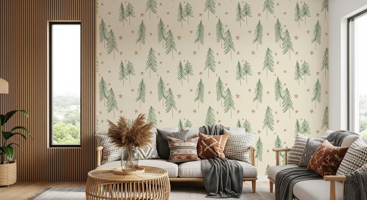 Padrão de inverno com pinheiros e estrelas da floresta - Papel de parede verde gengibre