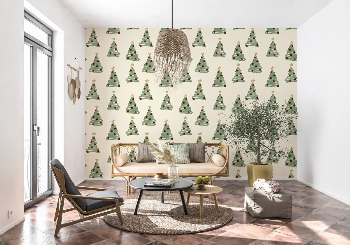 Papier peint minimaliste à motifs d’arbres de Noël forestiers dispersés