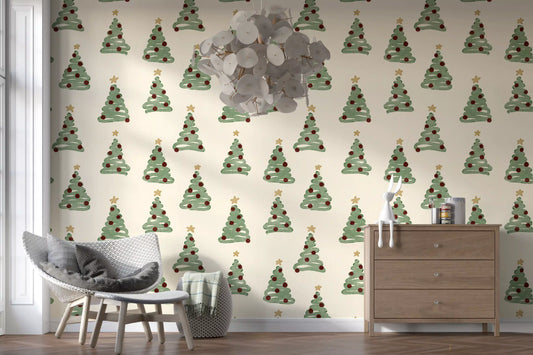 Papier peint minimaliste à motifs d’arbres de Noël forestiers dispersés