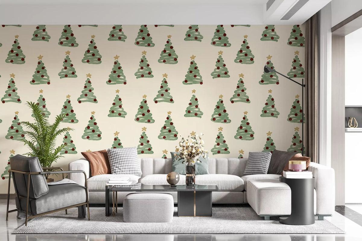Papier peint minimaliste à motifs d’arbres de Noël forestiers dispersés