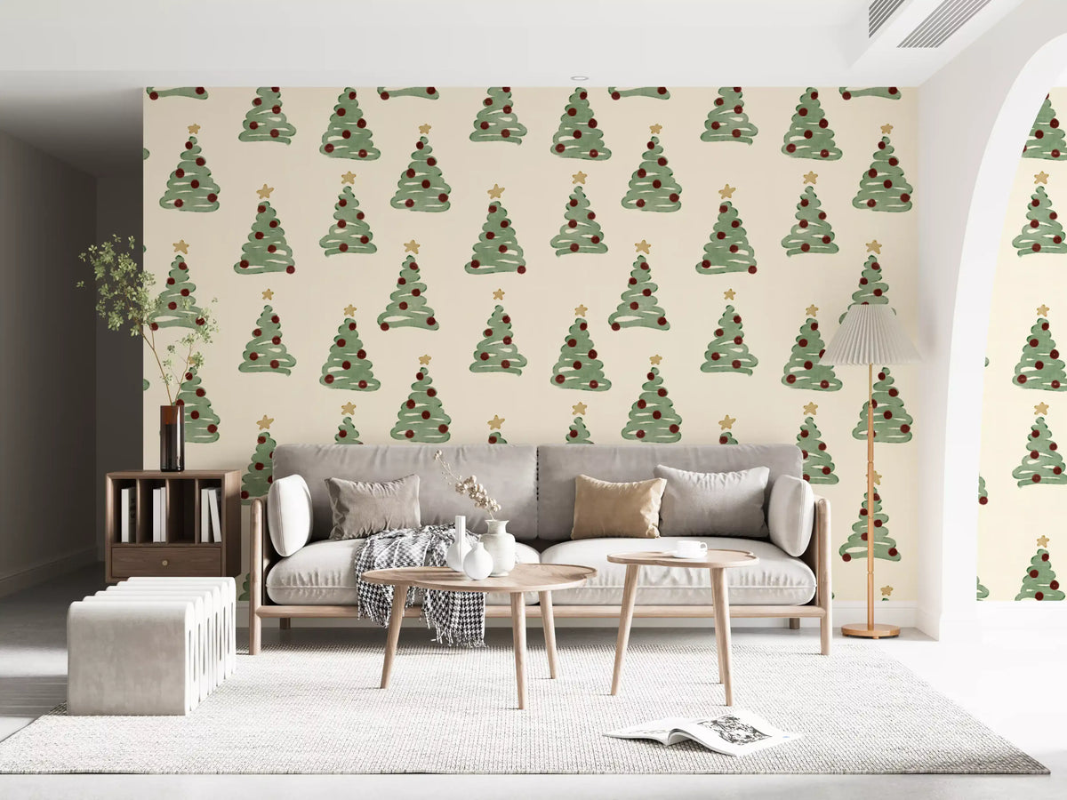 Papier peint minimaliste à motifs d’arbres de Noël forestiers dispersés