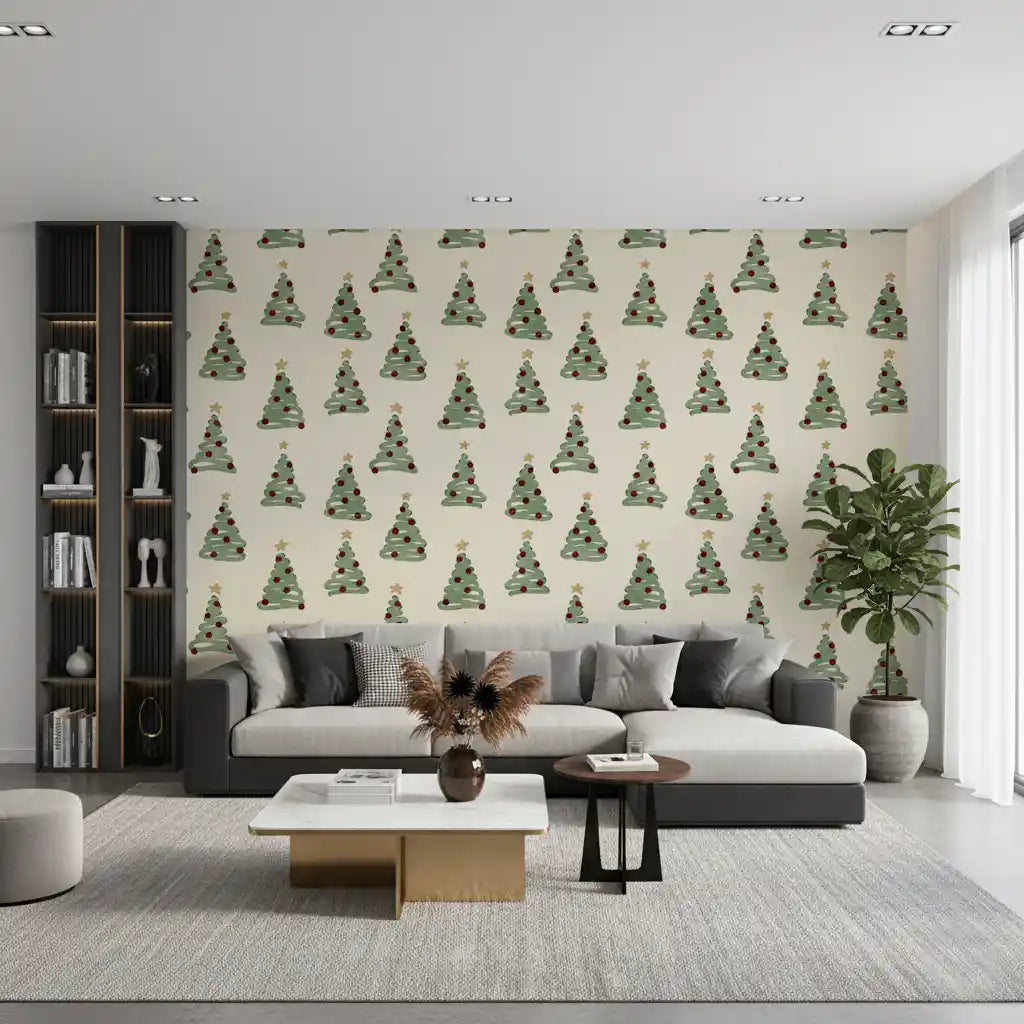 Papier peint minimaliste à motifs d’arbres de Noël forestiers dispersés