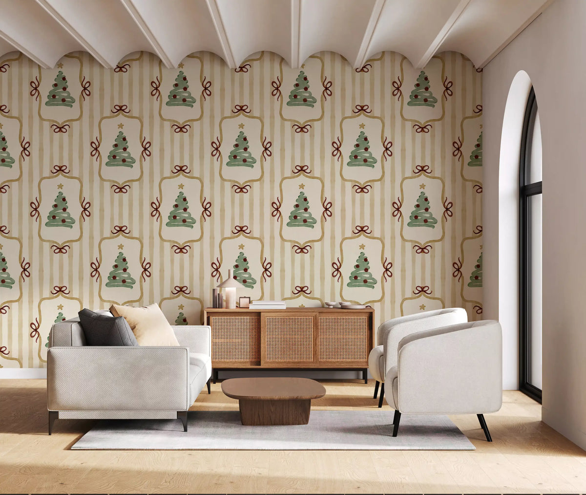 Papier peint à rayures de rubans et de nœuds de sapin de Noël preppy - Jaune or antique