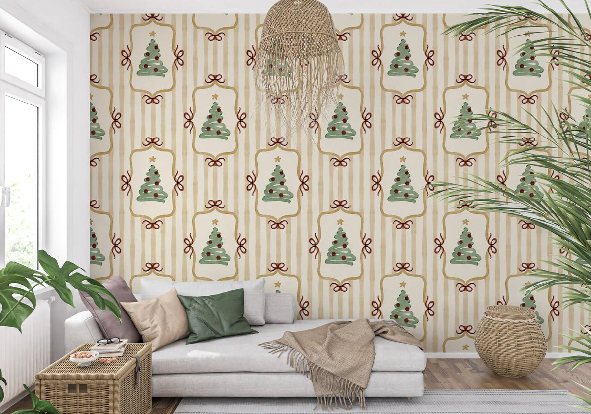 Papier peint à rayures de rubans et de nœuds de sapin de Noël preppy - Jaune or antique