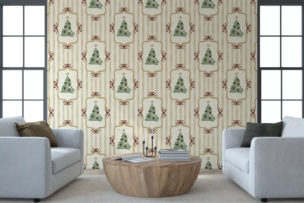 Papier peint à rayures de rubans et de nœuds de sapin de Noël preppy - Jaune or antique
