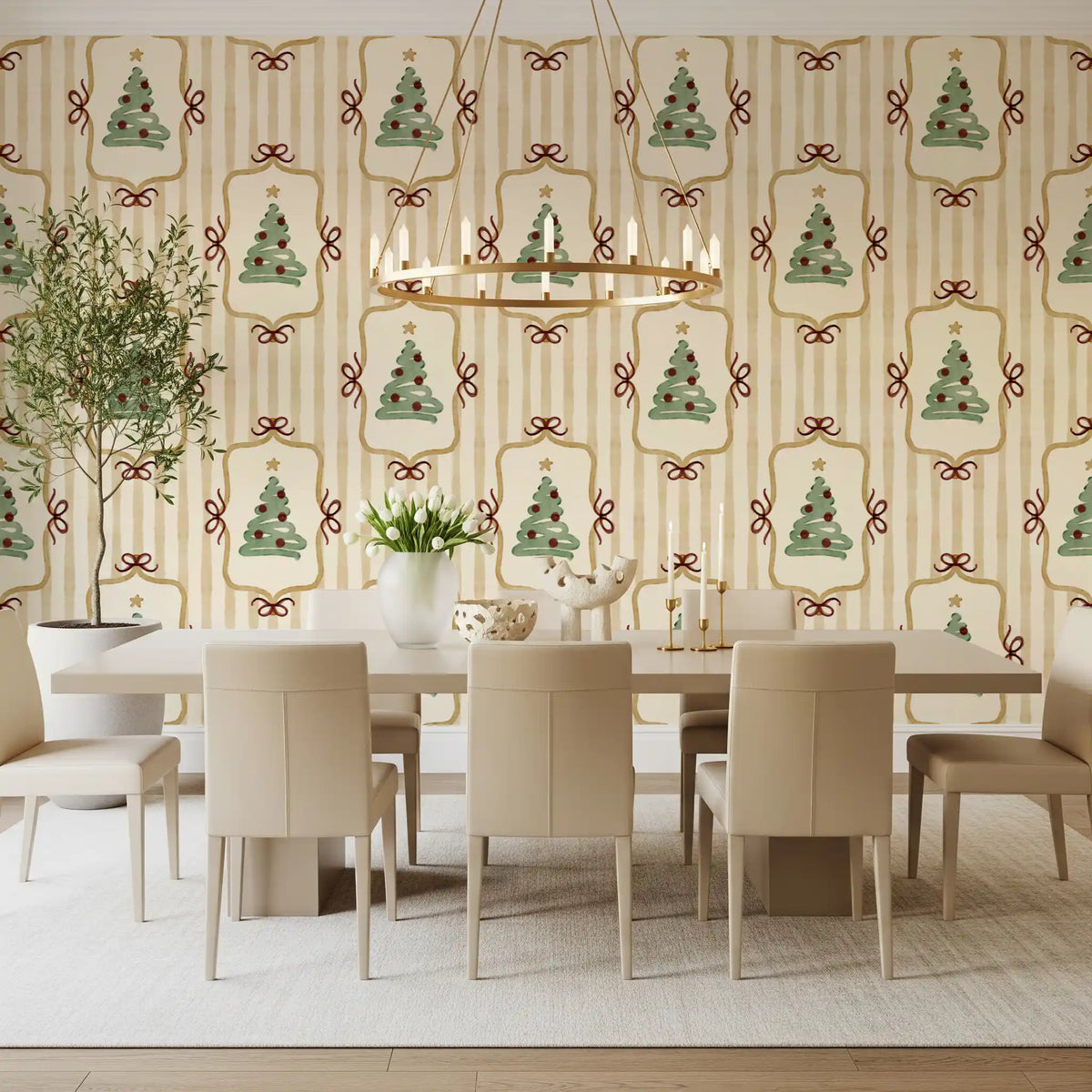 Papier peint à rayures de rubans et de nœuds de sapin de Noël preppy - Jaune or antique
