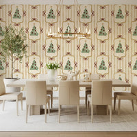 Papier peint à rayures de rubans et de nœuds de sapin de Noël preppy - Jaune or antique