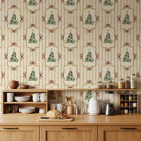 Papier peint à rayures de rubans et de nœuds de sapin de Noël preppy - Jaune or antique