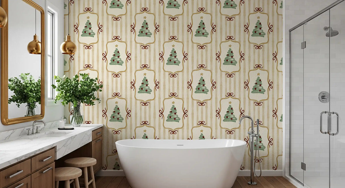 Papier peint à rayures de rubans et de nœuds de sapin de Noël preppy - Jaune or antique