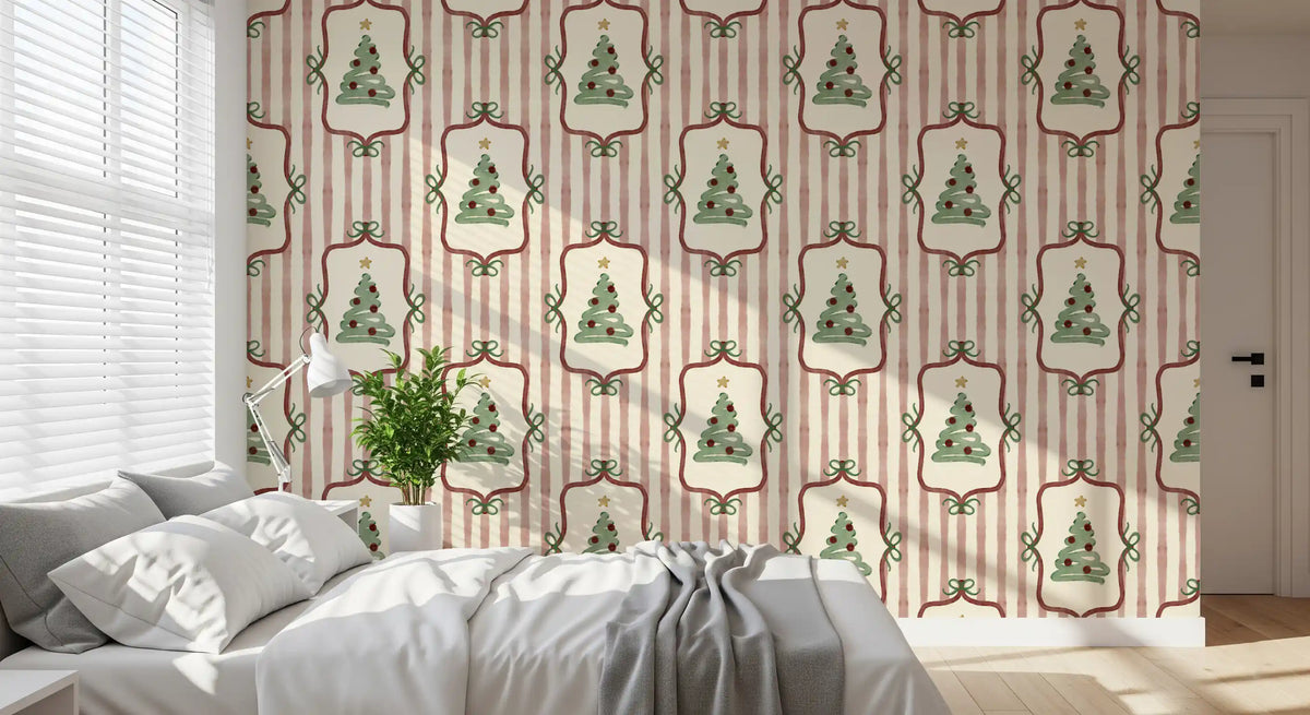 Preppy-Weihnachtsbaumschleifen mit Bänderstreifen - Tapete in Cranberryrot