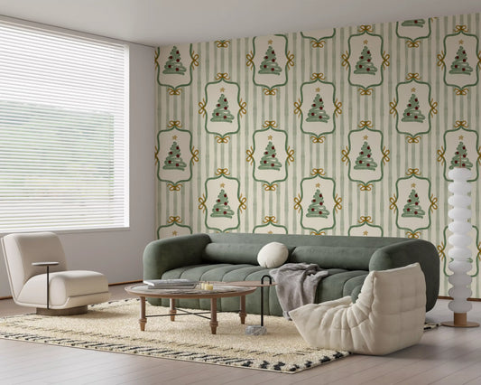 Papier peint vert pin forestier à rayures, rubans et nœuds d’arbres de Noël preppy