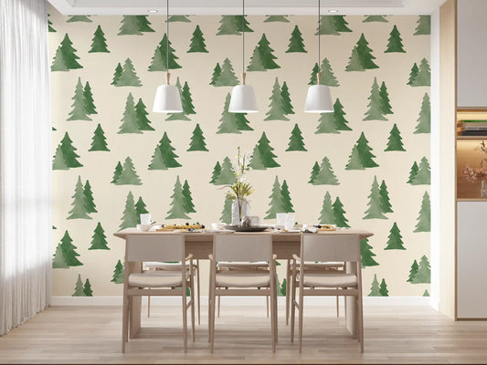 Minimalistisches Aquarellmuster mit winterlichen Kiefernwald-Bäumen als Tapete