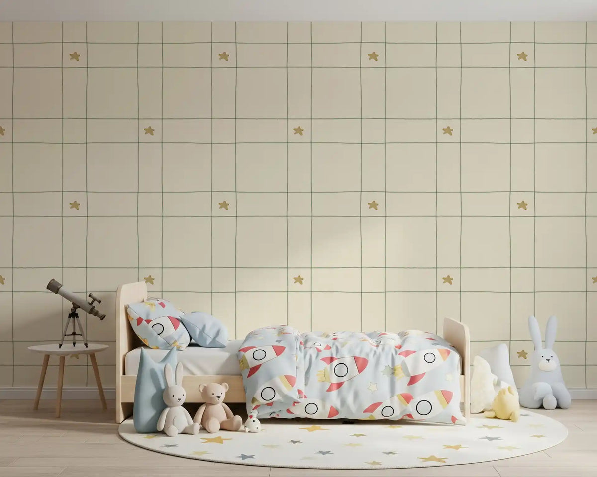 Minimalist Holiday Windowpane Plaid Hand Drawn Stars - Forest Pine Green Wallpaper⁠