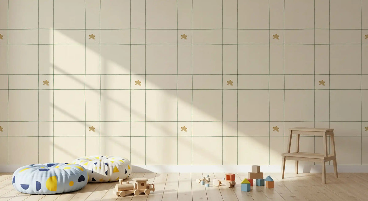 Minimalist Holiday Windowpane Plaid Hand Drawn Stars - Forest Pine Green Wallpaper⁠
