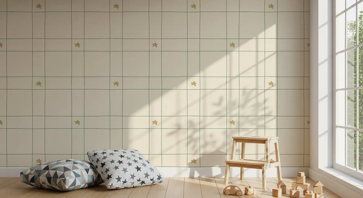 Minimalist Holiday Windowpane Plaid Hand Drawn Stars - Forest Pine Green Wallpaper⁠