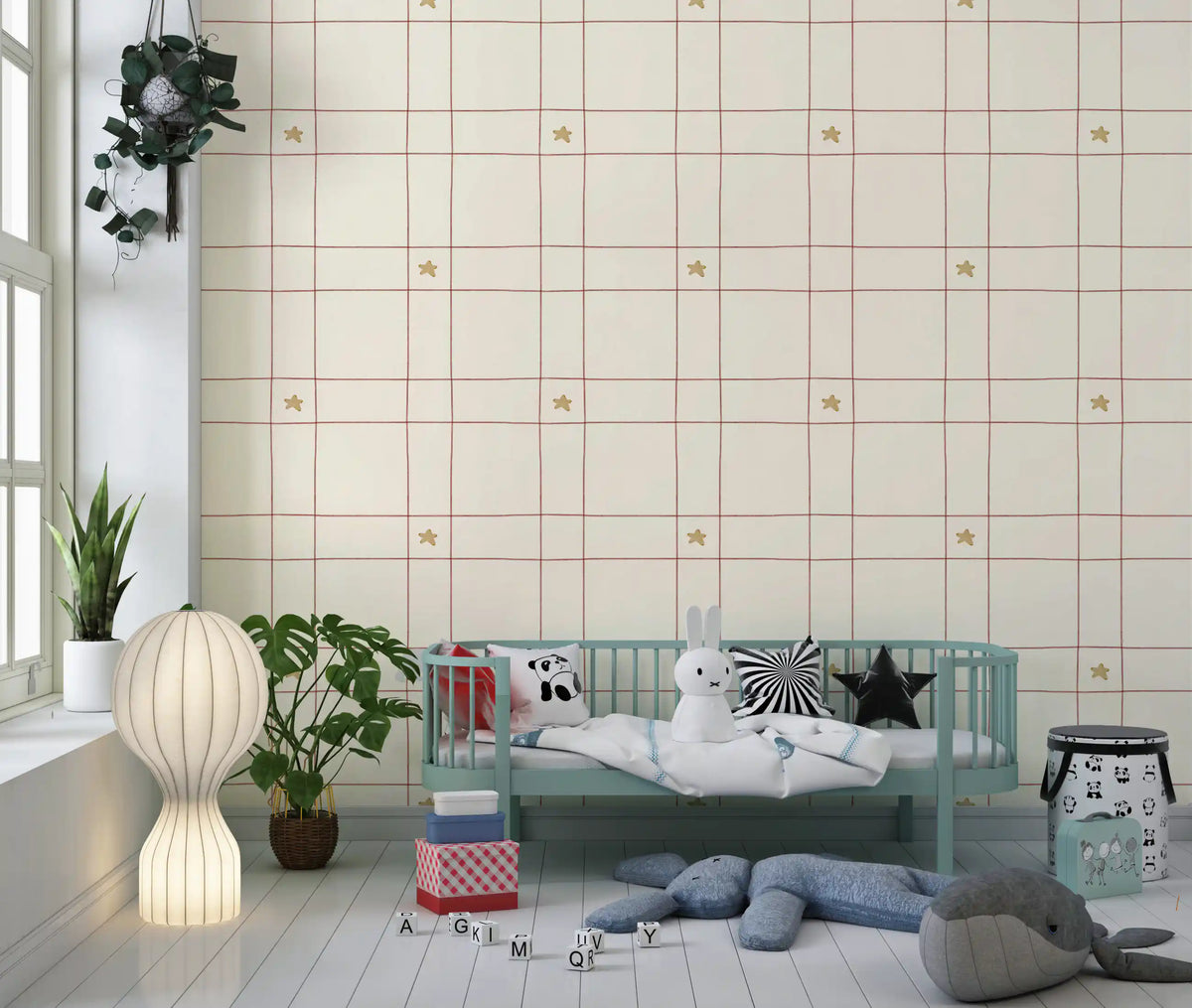 Minimalistisches Weihnachts-Winterkaro mit handgezeichneten Sternen - Tapete in Cranberryrot