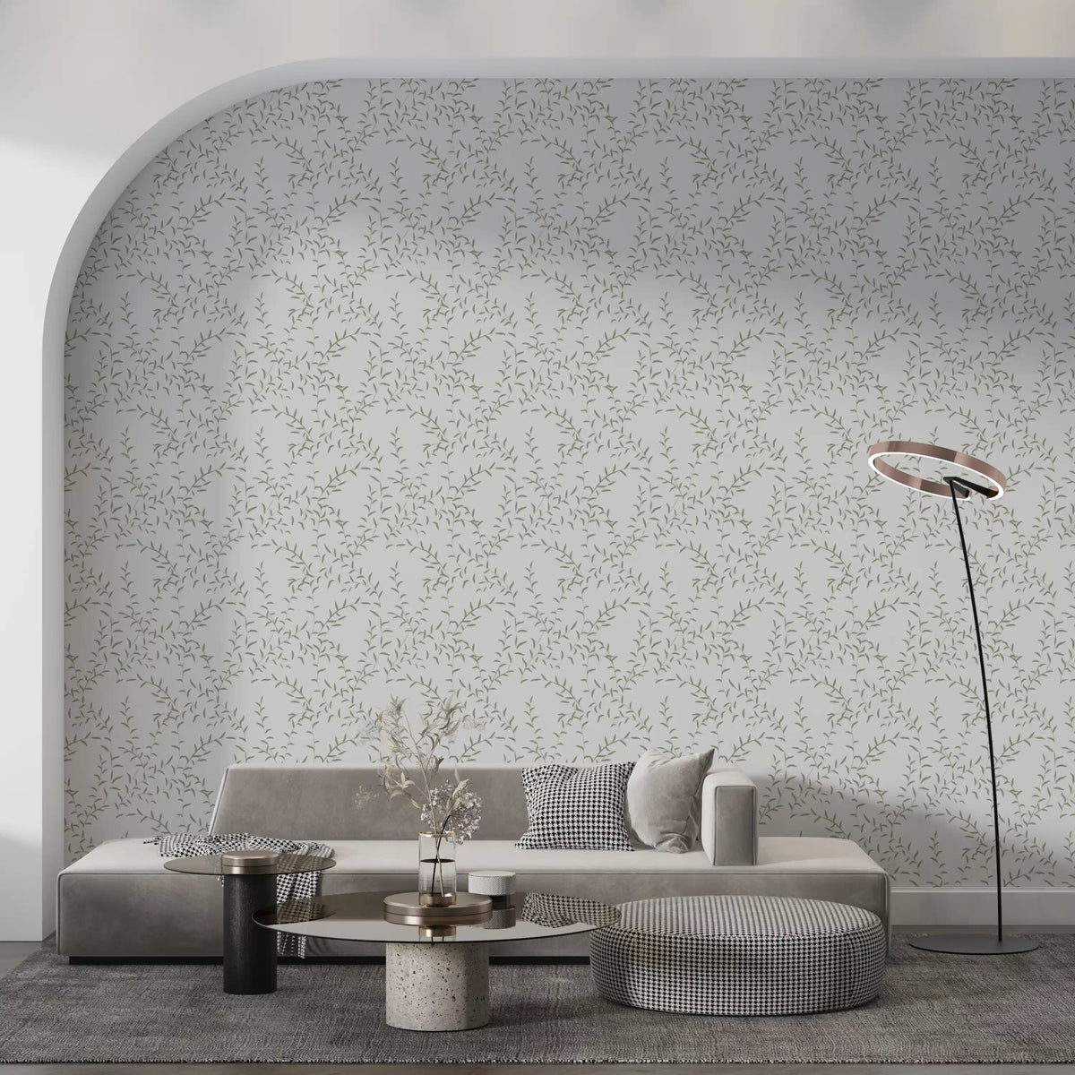 Papel de parede minimalista com padrão de folhas de salva