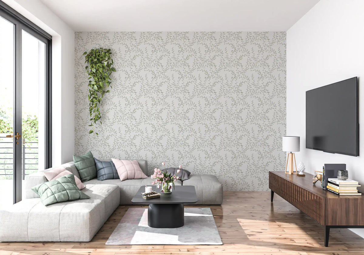 Papel de parede minimalista com padrão de folhas de salva