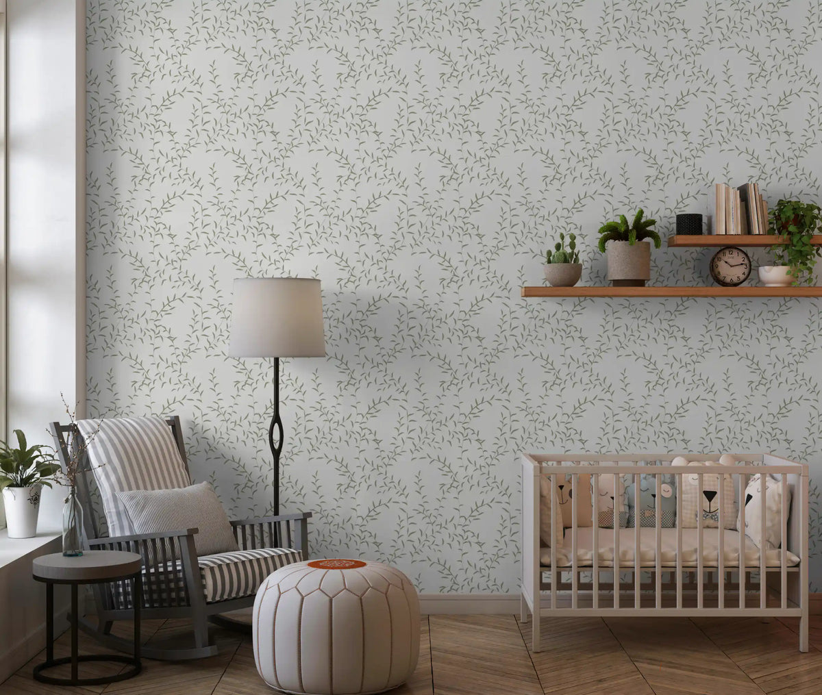 Papel de parede minimalista com padrão de folhas de salva