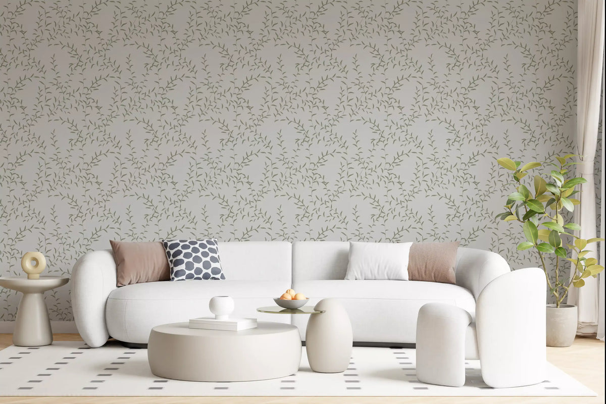 Papel de parede minimalista com padrão de folhas de salva