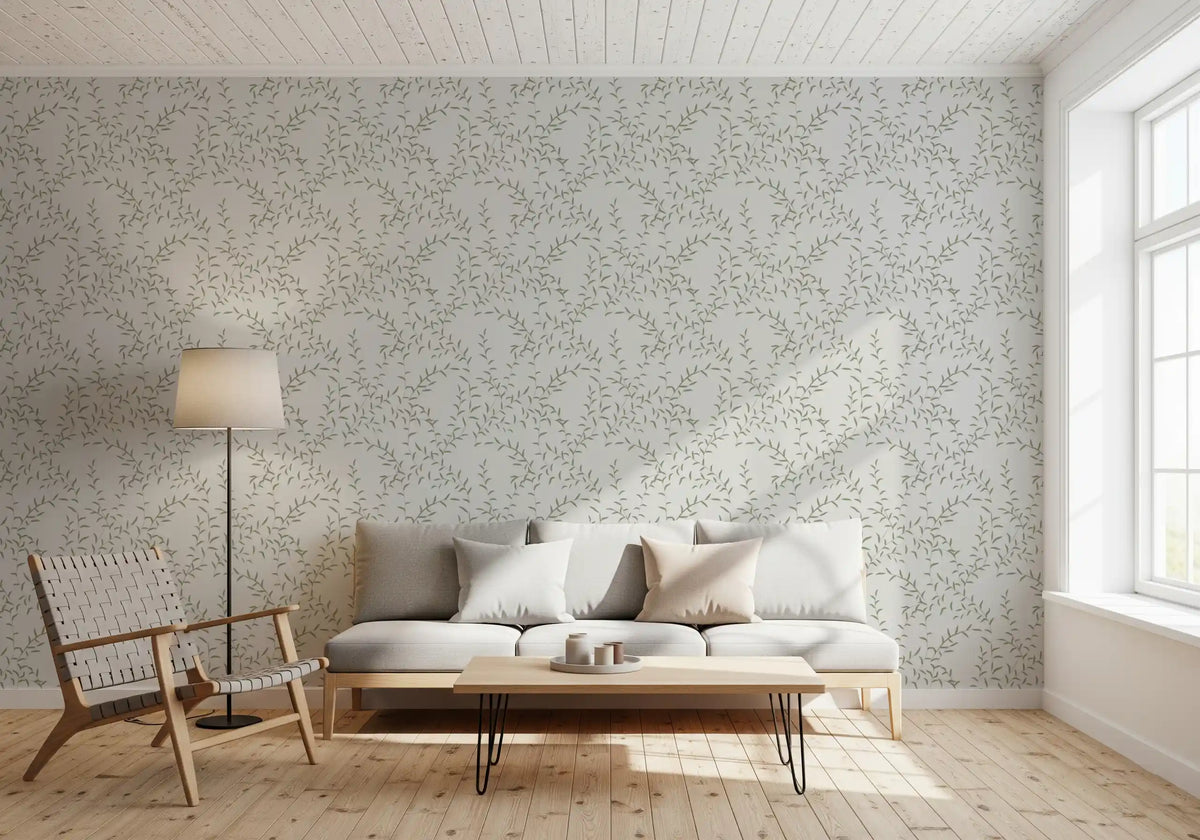Papel de parede minimalista com padrão de folhas de salva