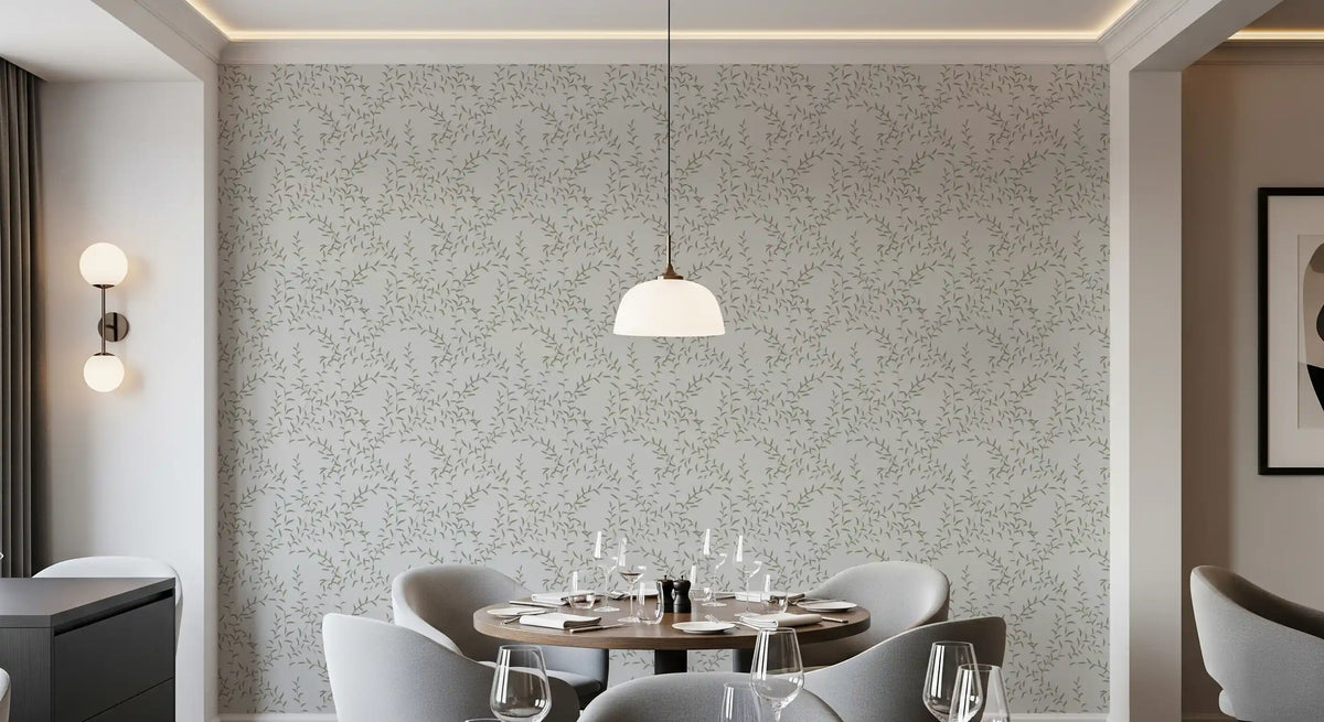 Papel de parede minimalista com padrão de folhas de salva