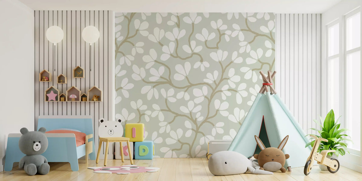 Soft Sage and White Hand-Drawn Floral Sprig Wall Mural
