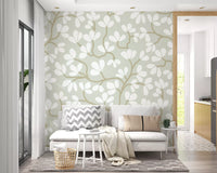 Soft Sage and White Hand-Drawn Floral Sprig Wall Mural