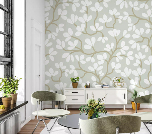 Papier peint panoramique avec rameau floral dessiné à la main, vert sauge doux et blanc