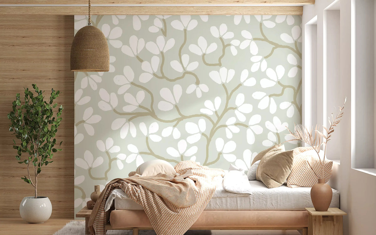 Soft Sage and White Hand-Drawn Floral Sprig Wall Mural