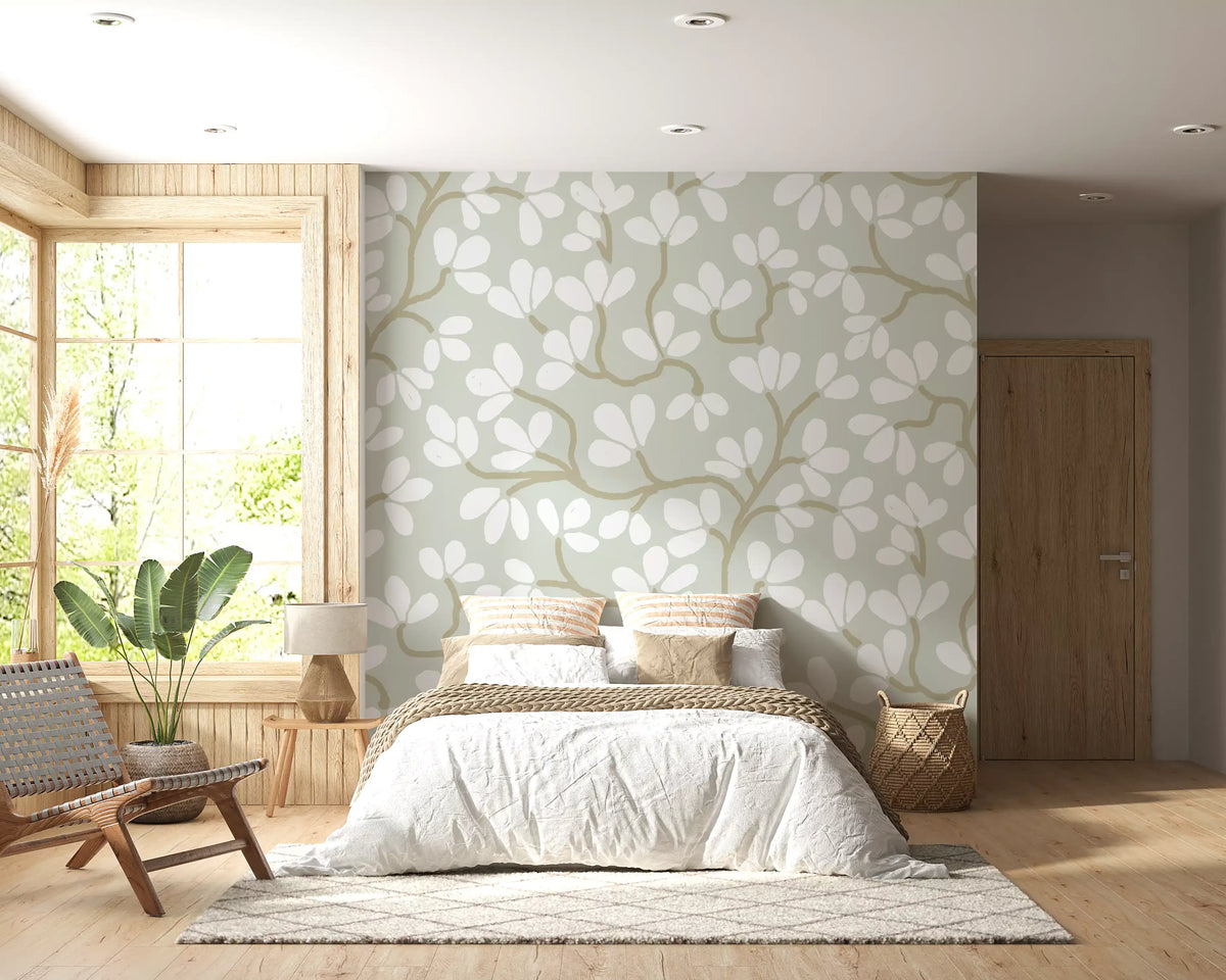 Soft Sage and White Hand-Drawn Floral Sprig Wall Mural