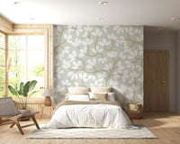 Soft Sage and White Hand-Drawn Floral Sprig Wall Mural