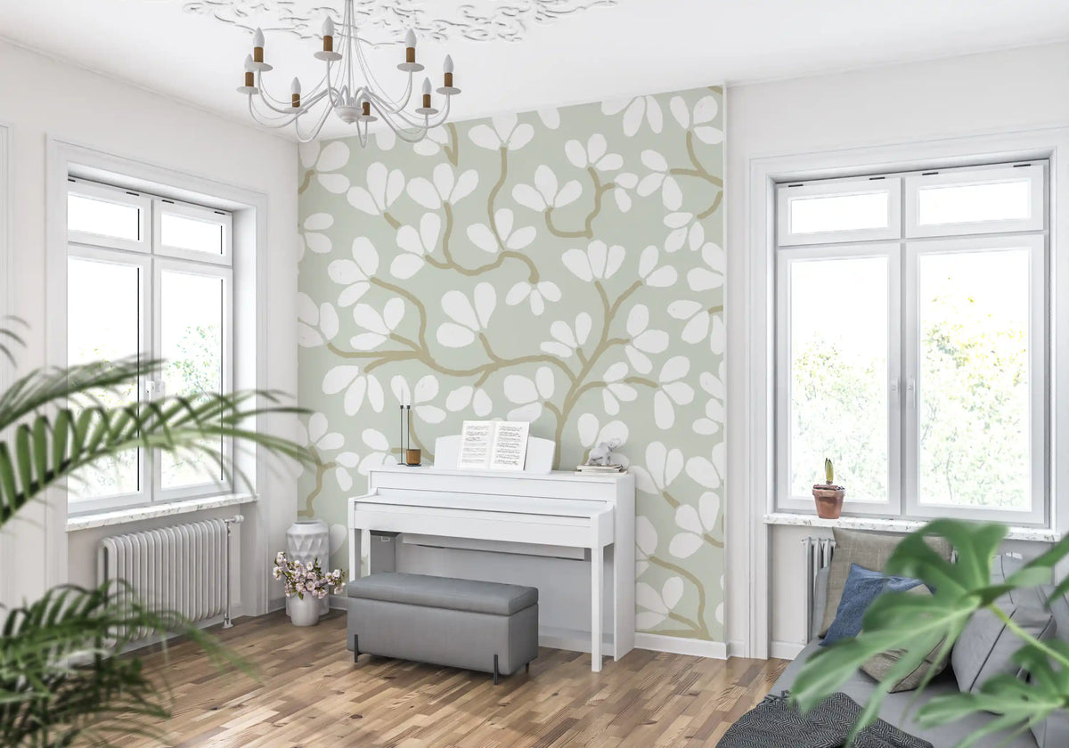 Soft Sage and White Hand-Drawn Floral Sprig Wall Mural
