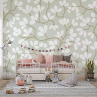 Soft Sage and White Hand-Drawn Floral Sprig Wall Mural