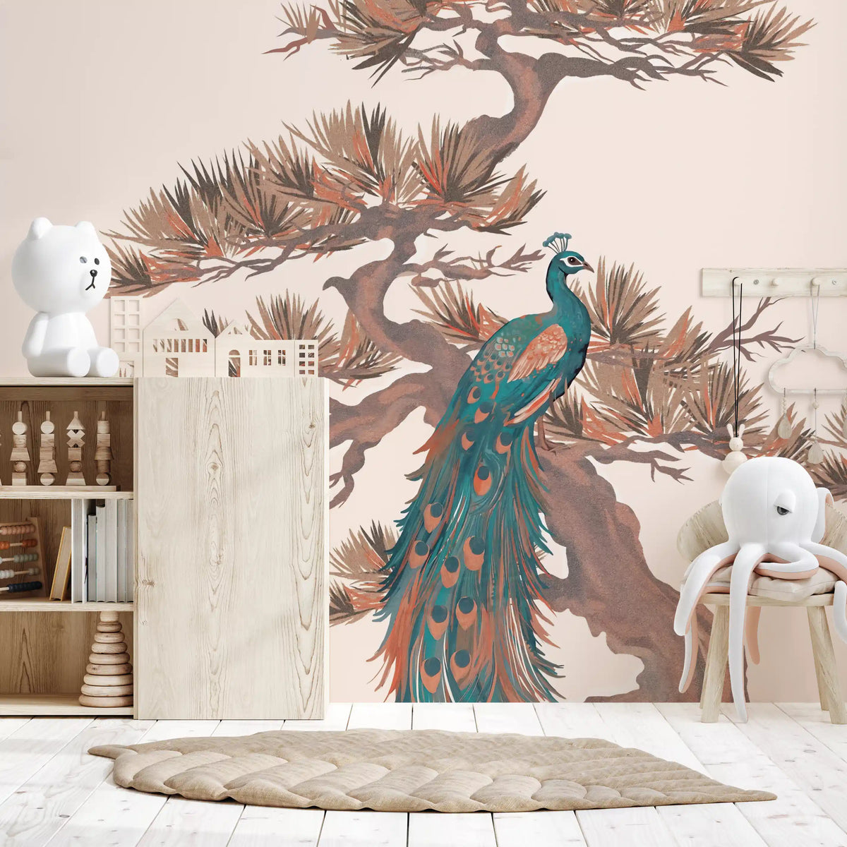 Mural de pared con motivo chinoiserie de pinos y aves