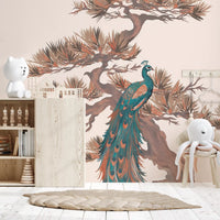 Mural de pared con motivo chinoiserie de pinos y aves