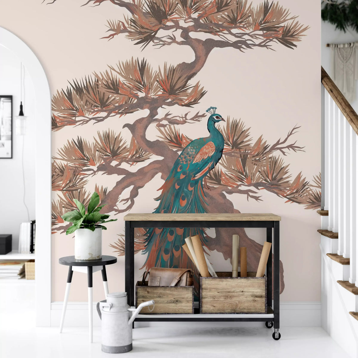 Mural de pared con motivo chinoiserie de pinos y aves