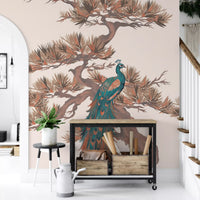Mural de pared con motivo chinoiserie de pinos y aves