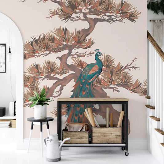 Mural de pared con motivo chinoiserie de pinos y aves