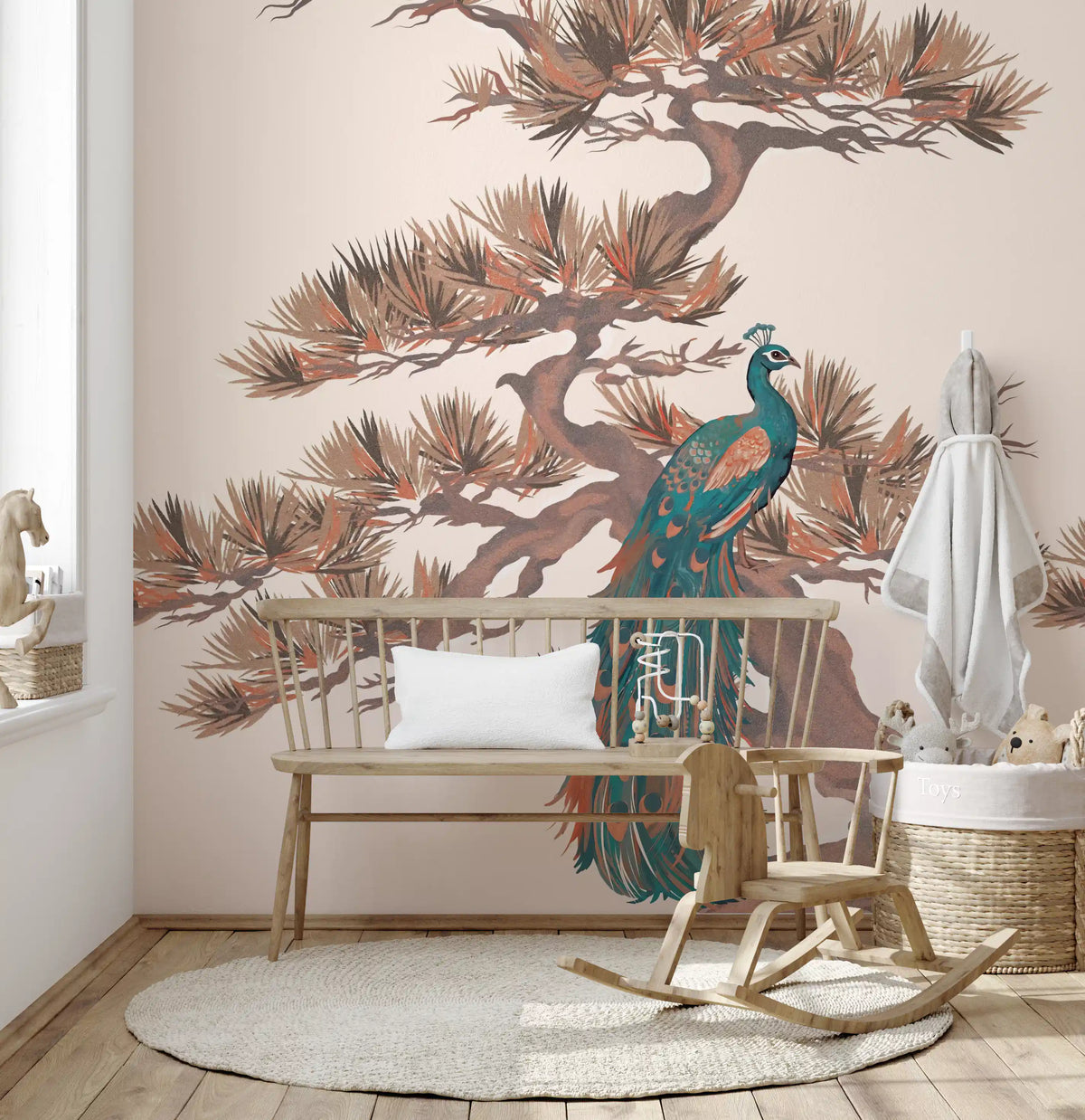 Mural de pared con motivo chinoiserie de pinos y aves