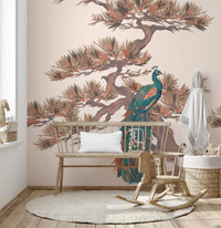 Mural de pared con motivo chinoiserie de pinos y aves