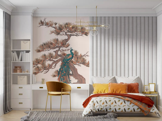 Mural de pared con motivo chinoiserie de pinos y aves