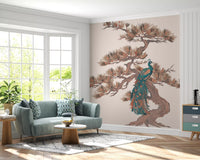 Mural de pared con motivo chinoiserie de pinos y aves