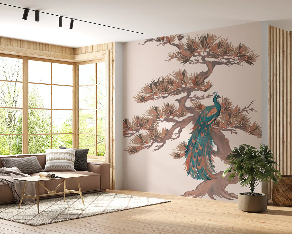Mural de pared con motivo chinoiserie de pinos y aves