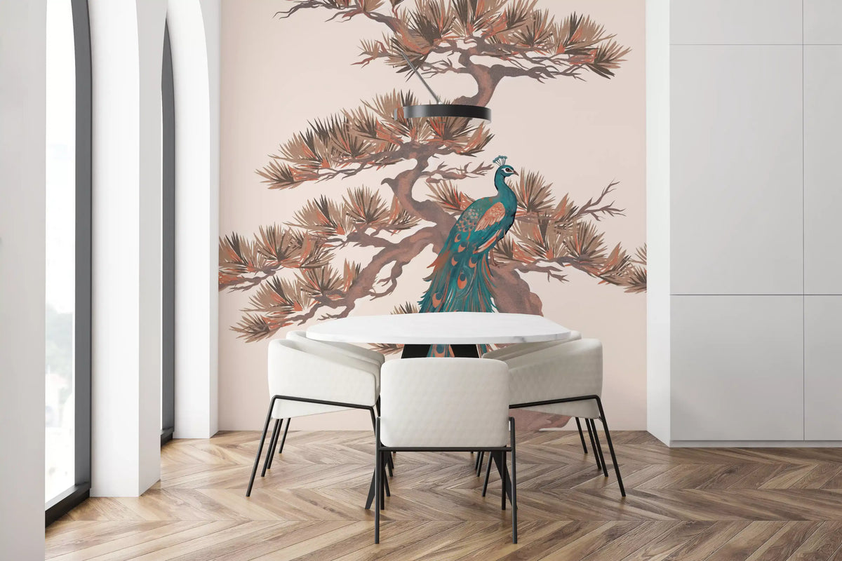 Mural de pared con motivo chinoiserie de pinos y aves