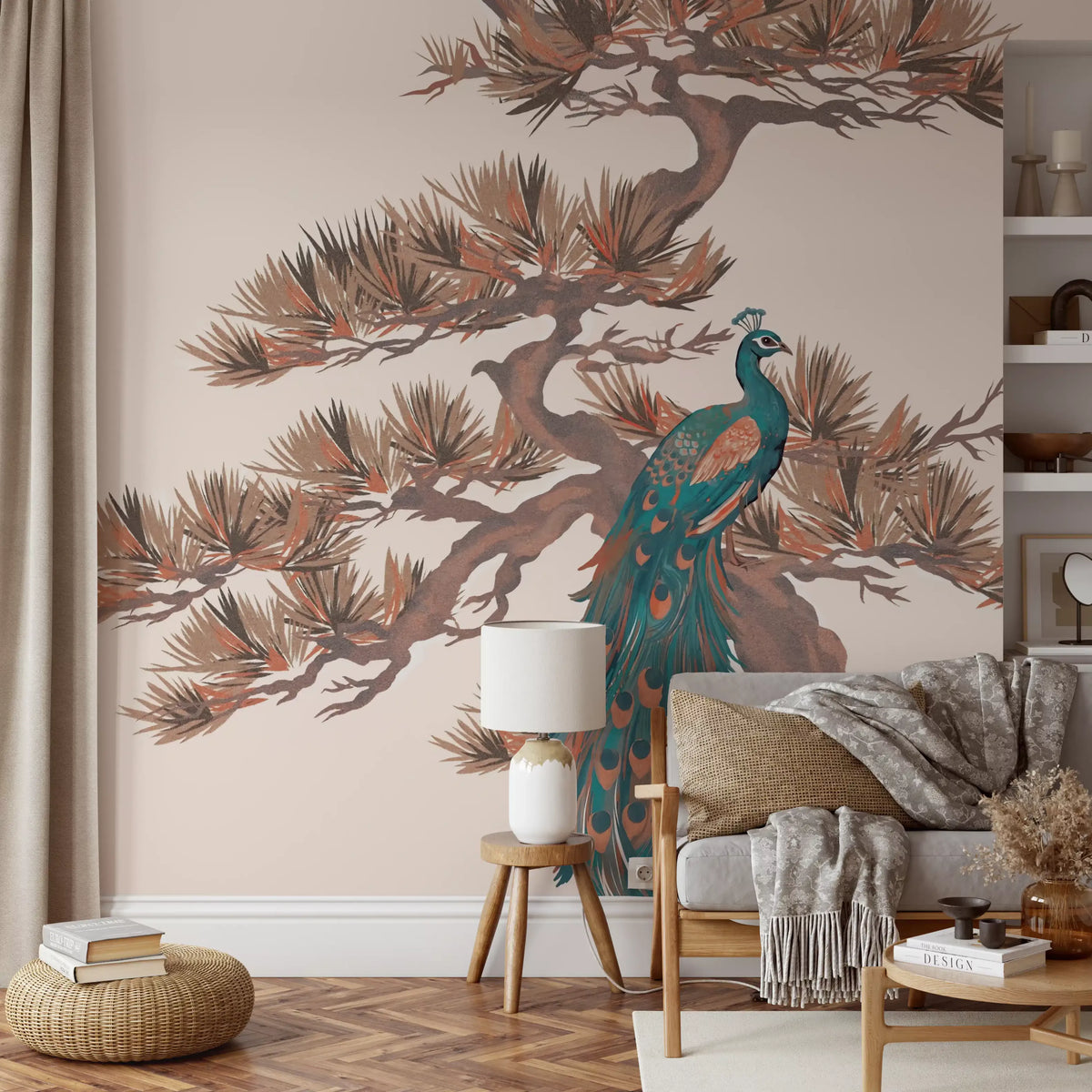 Mural de pared con motivo chinoiserie de pinos y aves